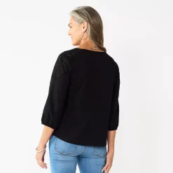 Women's Croft & Barrow® Three Quarter Sleeve Eyelet Yoke Top -Outlet Croft & Barrow Store 5634598 ALT