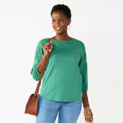 Women's Croft & Barrow® Three Quarter Sleeve Eyelet Yoke Top -Outlet Croft & Barrow Store 5634598 Green