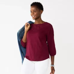Women's Croft & Barrow® Three Quarter Sleeve Eyelet Yoke Top -Outlet Croft & Barrow Store 5634598 Maroon