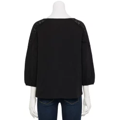 Petite Croft & Barrow® Three-Quarter Sleeve Eyelet Yoke Top -Outlet Croft & Barrow Store 5637754 ALT