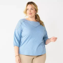 Plus Size Croft & Barrow® Three Quarter Sleeve Lace Yoke Top -Outlet Croft & Barrow Store 5638315 Denim Blue