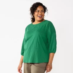 Plus Size Croft & Barrow® Three Quarter Sleeve Lace Yoke Top -Outlet Croft & Barrow Store 5638315 Fir Green