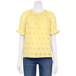 Petite Croft & Barrow® Eyelet Short Sleeve Top -Outlet Croft & Barrow Store 5656618 Yellow