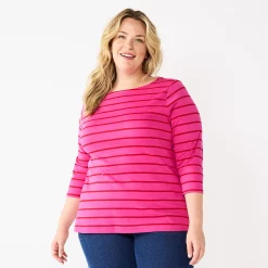 Plus Size Croft & Barrow® Boatneck Tee -Outlet Croft & Barrow Store 5663153 Pink Red Stripe
