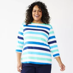 Plus Size Croft & Barrow® Boatneck Tee -Outlet Croft & Barrow Store 5663153 Teal Large Stripe