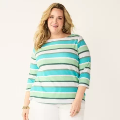 Plus Size Croft & Barrow® Boatneck Tee -Outlet Croft & Barrow Store 5663153 Teal Van Stripe