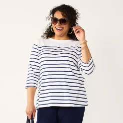 Plus Size Croft & Barrow® Boatneck Tee -Outlet Croft & Barrow Store 5663153 White Navy Stripe