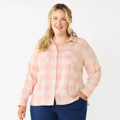 Plus Size Croft & Barrow® The Extra Soft Plaid Flannel Shirt -Outlet Croft & Barrow Store 5666375 Pink Buffalo Check