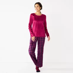 Petite Croft & Barrow® Long Sleeve Pajama Top & Pajama Pants Sleep Set -Outlet Croft & Barrow Store 5666563 Burgundy Navy Checks