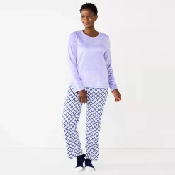 Petite Croft & Barrow® Long Sleeve Pajama Top & Pajama Pants Sleep Set -Outlet Croft & Barrow Store 5666563 Dark Blue Geo