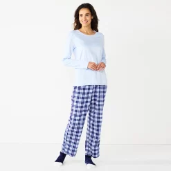 Petite Croft & Barrow® Long Sleeve Pajama Top & Pajama Pants Sleep Set -Outlet Croft & Barrow Store 5666563 Light Blue Plaid