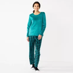 Petite Croft & Barrow® Long Sleeve Pajama Top & Pajama Pants Sleep Set -Outlet Croft & Barrow Store 5666563 Teal Black Checks