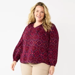 Plus Size Croft & Barrow® Tiered Textured Blouse -Outlet Croft & Barrow Store 5666761 Berry Print