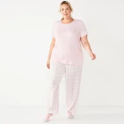 Plus Size Croft & Barrow® Short Sleeve Pajama Top & Pajama Pants Sleep Set -Outlet Croft & Barrow Store 5666789 Pink Gray Plaid
