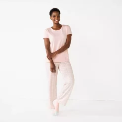 Petite Croft & Barrow® Short Sleeve Pajama Top & Pajama Pants Sleep Set -Outlet Croft & Barrow Store 5666790 Pink Gray Plaid