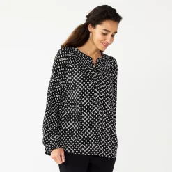 Women's Croft & Barrow Print Smocked Peasant Top -Outlet Croft & Barrow Store 5673631 Black Geo