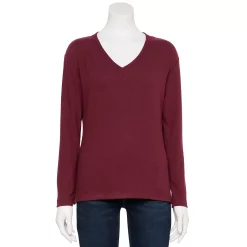 Petite Croft & Barrow® V-Neck Long Sleeve Top -Outlet Croft & Barrow Store 5676626 Maroon