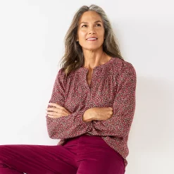 Petite Croft & Barrow® Print Smocked Peasant Top -Outlet Croft & Barrow Store 5687706 Pink Floral