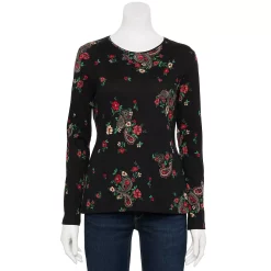 Petite Croft & Barrow® Long Sleeve Crewneck Top -Outlet Croft & Barrow Store 5698437 Black Pink Paisley