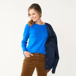 Petite Croft & Barrow® Long Sleeve Crewneck Top -Outlet Croft & Barrow Store 5698437 Strong Blue