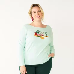 Plus Size Croft & Barrow® Holiday Motif Graphic Tee -Outlet Croft & Barrow Store 5726116 Mint Palm Warm Wishes