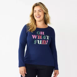 Plus Size Croft & Barrow® Holiday Motif Graphic Tee -Outlet Croft & Barrow Store 5726116 Navy Oh What Fun