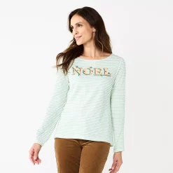 Petite Croft & Barrow® Christmas Graphic Tee -Outlet Croft & Barrow Store 5726272 Green Stripe Noel