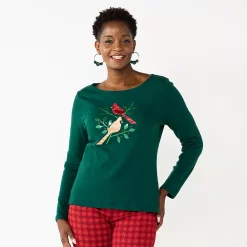 Petite Croft & Barrow® Christmas Graphic Tee -Outlet Croft & Barrow Store 5726272 Olive Cardinal