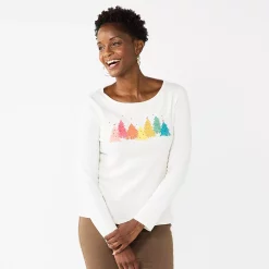 Petite Croft & Barrow® Christmas Graphic Tee -Outlet Croft & Barrow Store 5726272 Rainbow Trees