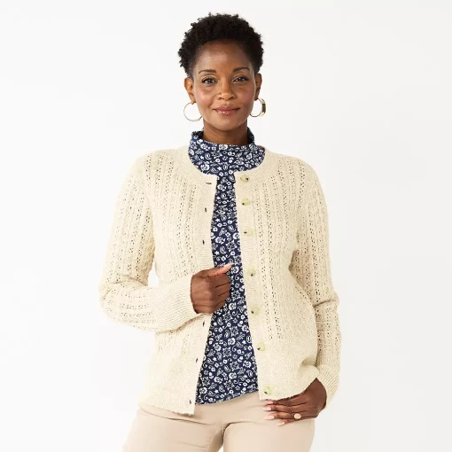 Petite Croft & Barrow® Stitch Crewneck Cardigan -Outlet Croft & Barrow Store 5765034 Cream