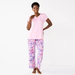 Women's Croft & Barrow® Short Sleeve Henley Pajama Top & Pajama Pants Sleep Set -Outlet Croft & Barrow Store 5774129 Pink Floral