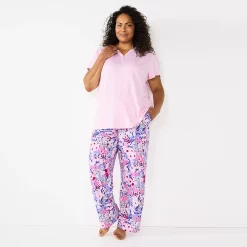 Plus Size Croft & Barrow® Short Sleeve Henley Pajama Top & Pajama Pants Sleep Set -Outlet Croft & Barrow Store 5774131 Pink Floral