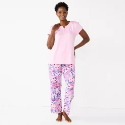 Petite Croft & Barrow® Short Sleeve Henley Pajama Top & Pajama Pants Sleep Set -Outlet Croft & Barrow Store 5774132 Pink Floral