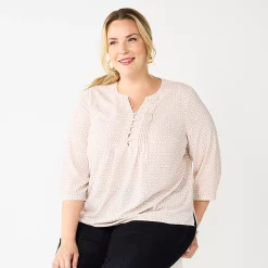Plus Size Croft & Barrow® Splitneck Pintuck Blouse -Outlet Croft & Barrow Store 5776327 Beige Geo