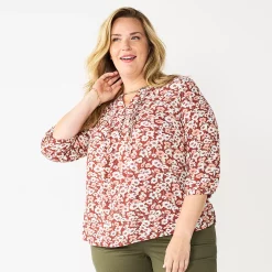 Plus Size Croft & Barrow® Splitneck Pintuck Blouse -Outlet Croft & Barrow Store 5776327 Brown Floral