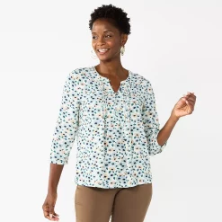 Petite Croft & Barrow® Splitneck Pintuck Blouse -Outlet Croft & Barrow Store 5776399 Tan Floral
