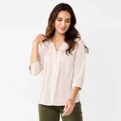 Women's Croft & Barrow® Splitneck Pintuck Blouse -Outlet Croft & Barrow Store 5777321 Beige Geo