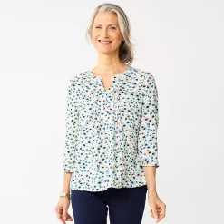 Women's Croft & Barrow® Splitneck Pintuck Blouse -Outlet Croft & Barrow Store 5777321 Blue Floral