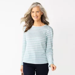 Petite Croft & Barrow® Cable Jacquard Long Sleeve Top -Outlet Croft & Barrow Store 5780152 Light Blue Stripe