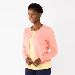 Women's Croft & Barrow® Crewneck Puff Sleeve Cardigan -Outlet Croft & Barrow Store 5795189 Coral
