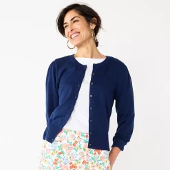 Women's Croft & Barrow® Crewneck Puff Sleeve Cardigan -Outlet Croft & Barrow Store 5795189 Navy