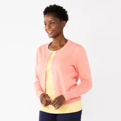 Petite Croft & Barrow® Crewneck Puff Sleeve Cardigan -Outlet Croft & Barrow Store 5795466 Coral