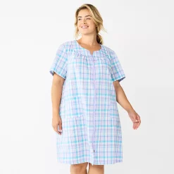Plus Size Croft & Barrow® Short Sleeve Woven Zip Duster -Outlet Croft & Barrow Store 5796854 Lavender Plaid