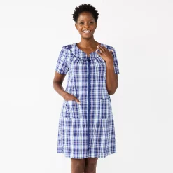Petite Croft & Barrow® Short Sleeve Woven Zip Duster -Outlet Croft & Barrow Store 5796869 Blue Multi Plaid