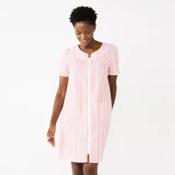 Petite Croft & Barrow® Short Sleeve Woven Zip Duster -Outlet Croft & Barrow Store 5796869 Coral Stripe