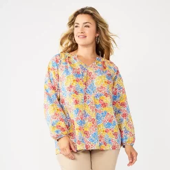 Plus Size Croft & Barrow® Raglan Sleeve Ruffle Neck Top -Outlet Croft & Barrow Store 5801479 Multi Floral