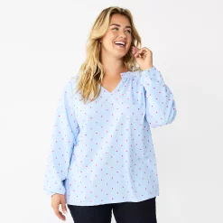 Plus Size Croft & Barrow® Raglan Sleeve Ruffle Neck Top -Outlet Croft & Barrow Store 5801479 Pink Clip Dot