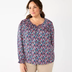 Plus Size Croft & Barrow® Ruffle Neck Blouse -Outlet Croft & Barrow Store 5801607 Navy Floral