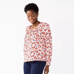 Petite Croft & Barrow® Ruffle Neck Blouse -Outlet Croft & Barrow Store 5801742 Cream Floral