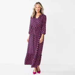 Women's Croft & Barrow® Three Quarter Sleeve Ruffle Hem Maxi Dress -Outlet Croft & Barrow Store 5810337 Navy Pink Geo